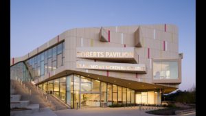 A picture of the Roberts Pavillion at dusk, at about Dusk.