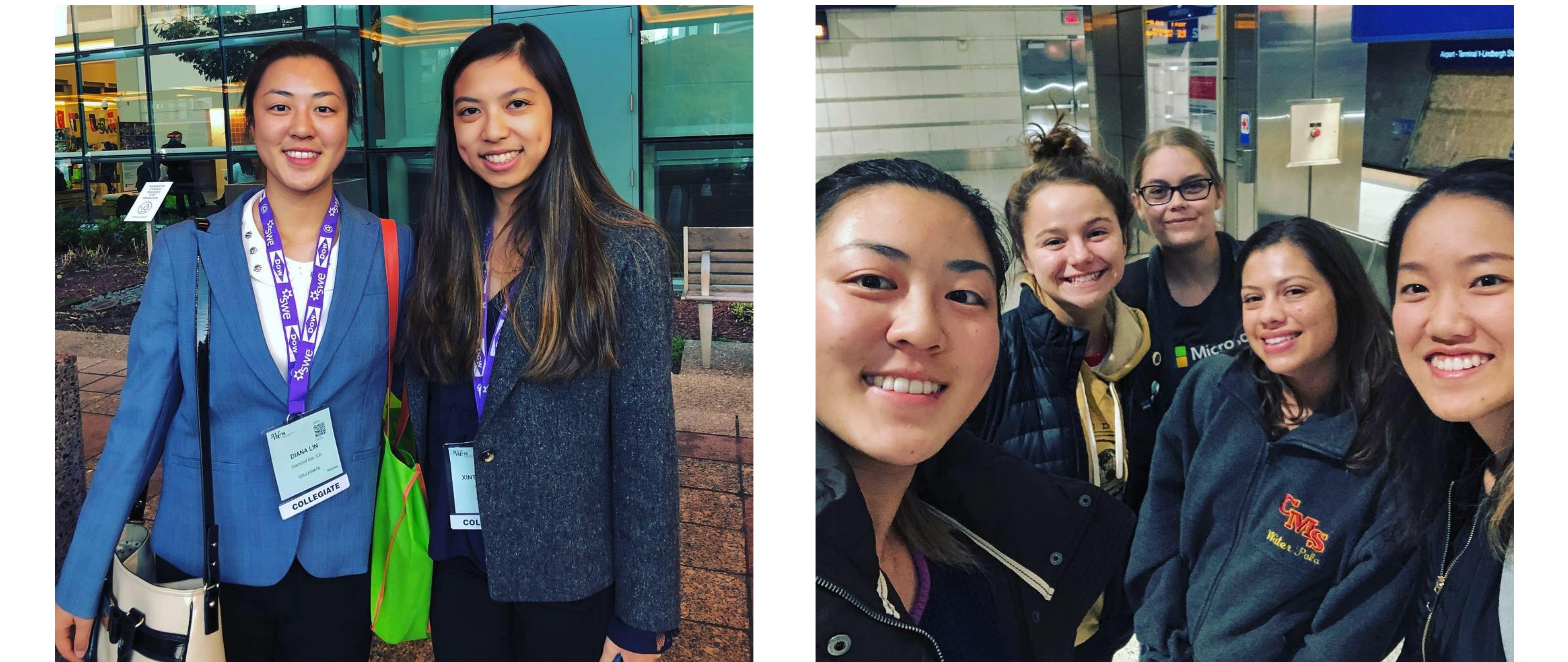 The left photo is of two freshmen posing outside of the convention center. The right photo is of five of our members taking a photo in the airport.