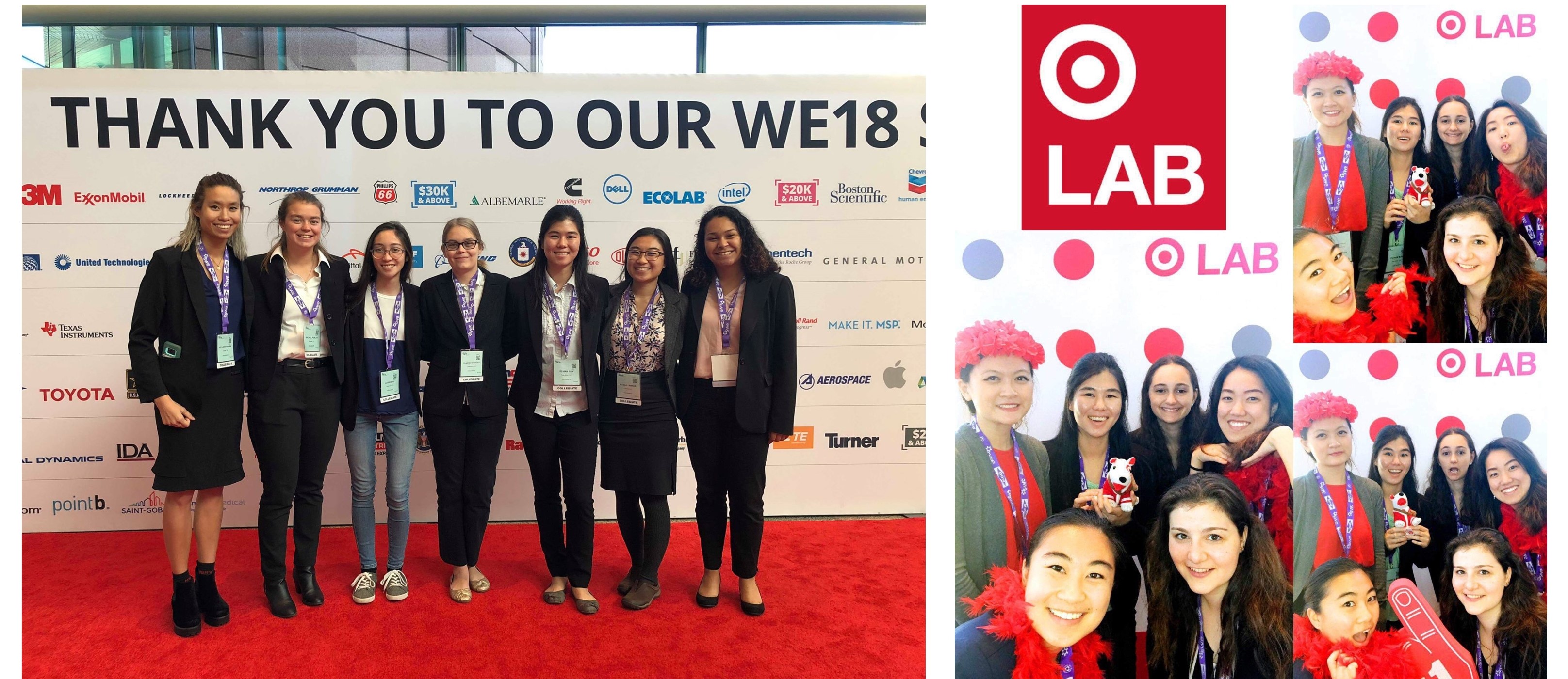 The left photo is of seven seniors in front of a photo backdrop and the right photo is a photo booth photo of six girls.