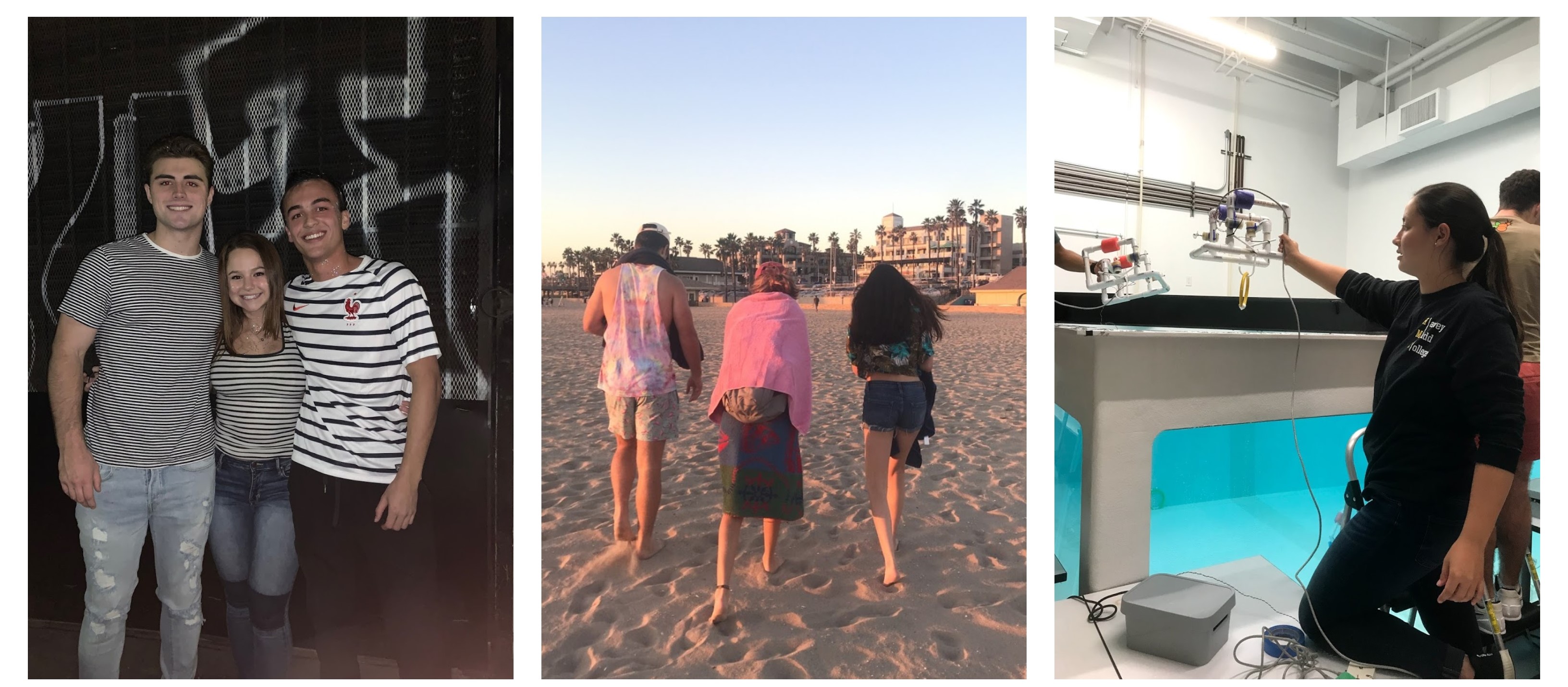 The left photo is of three Mudders in front of a grafitti wall. Middle photo is three people walking on the beach not facing the camera. The right photo is a girl with a PVC robot in front of a tank.