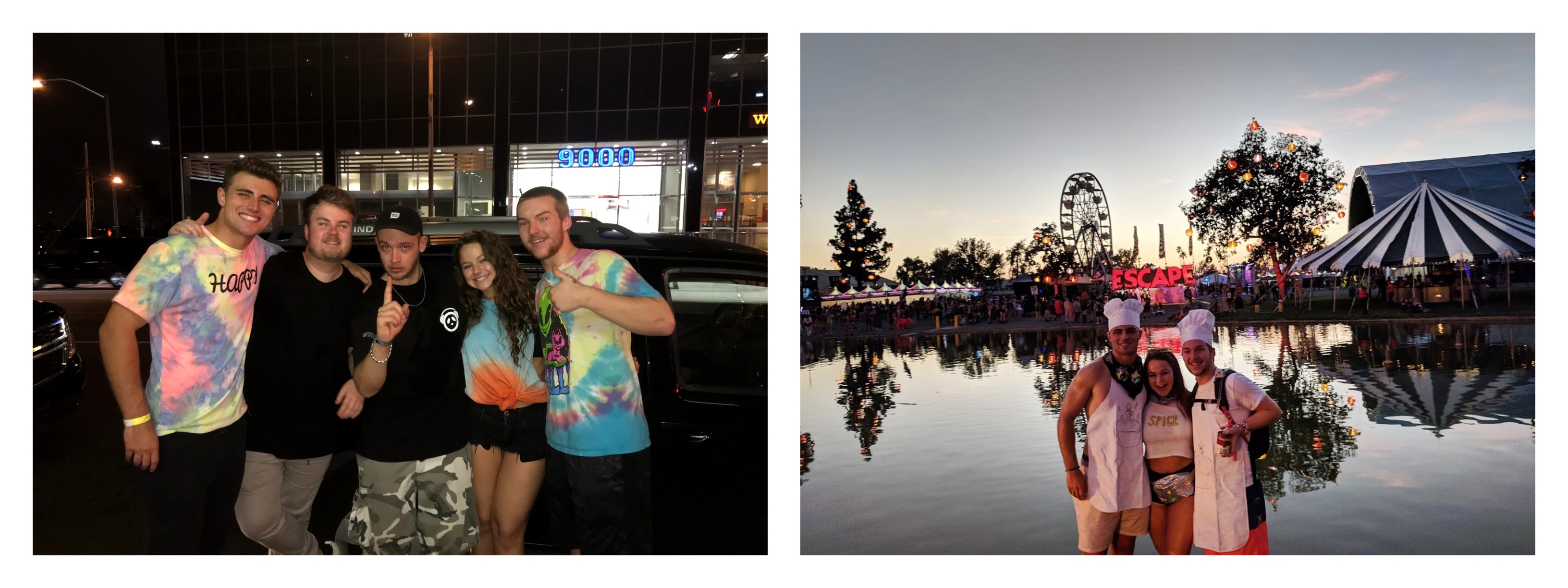 The left photo is three students and two older men who are the DJs from that concert. The right photo is of the same three students at a circus-themed park where a music festival was held.