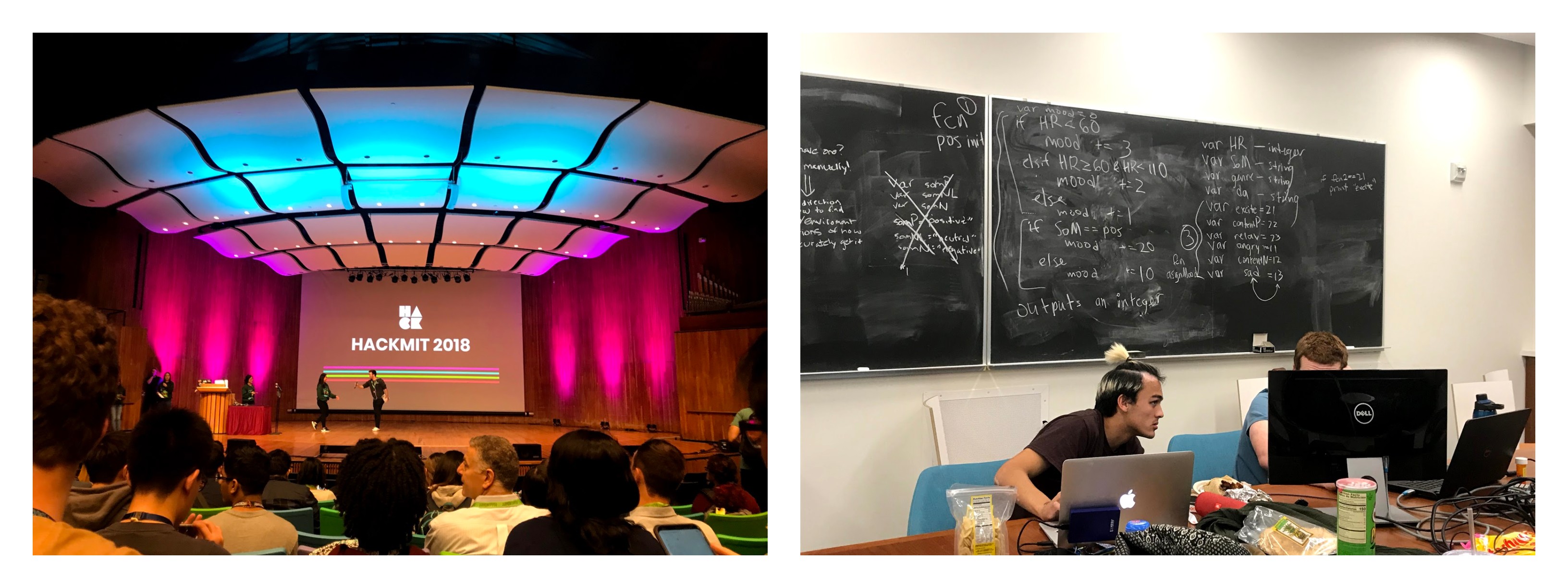 The left photo is of an auditorium at MIT the welcoming ceremony for the hackathon was held. The screen on stage reads "HackMIT 2018". The right photo is two college students working on computers in a classroom with a bunch of notes written on the chalkboard behind them.