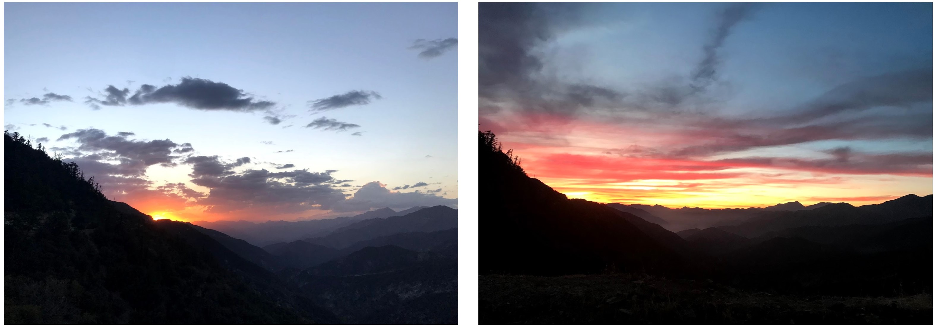 Two photos side by side of a sunset over a mountain range with clouds and an orange glow.