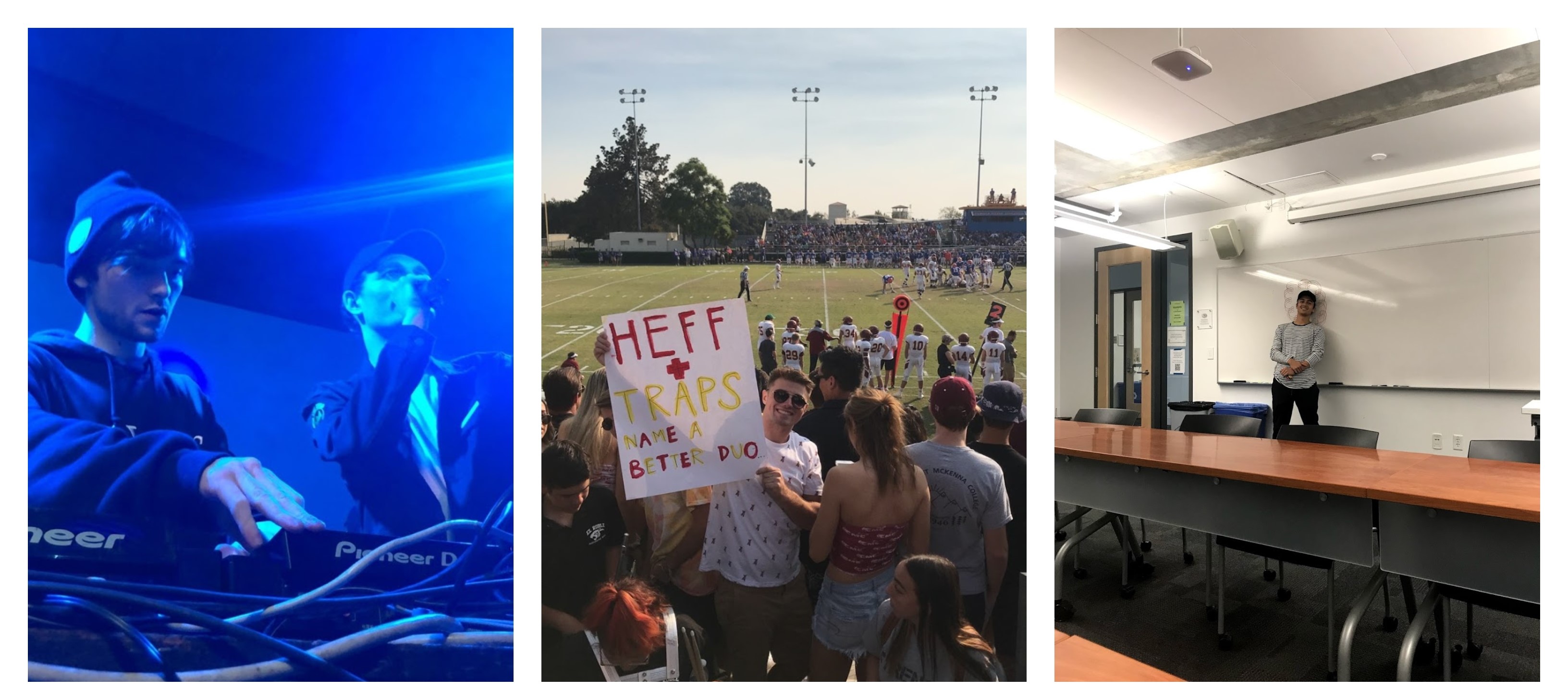 The left photo is of Louis the Child performing at a concert. The middle photo is Sam holding up a poster at a football game that reads "Heff+Traps Name a Better Duo". The right photo is Danny next to a white board in a Shan classroom.