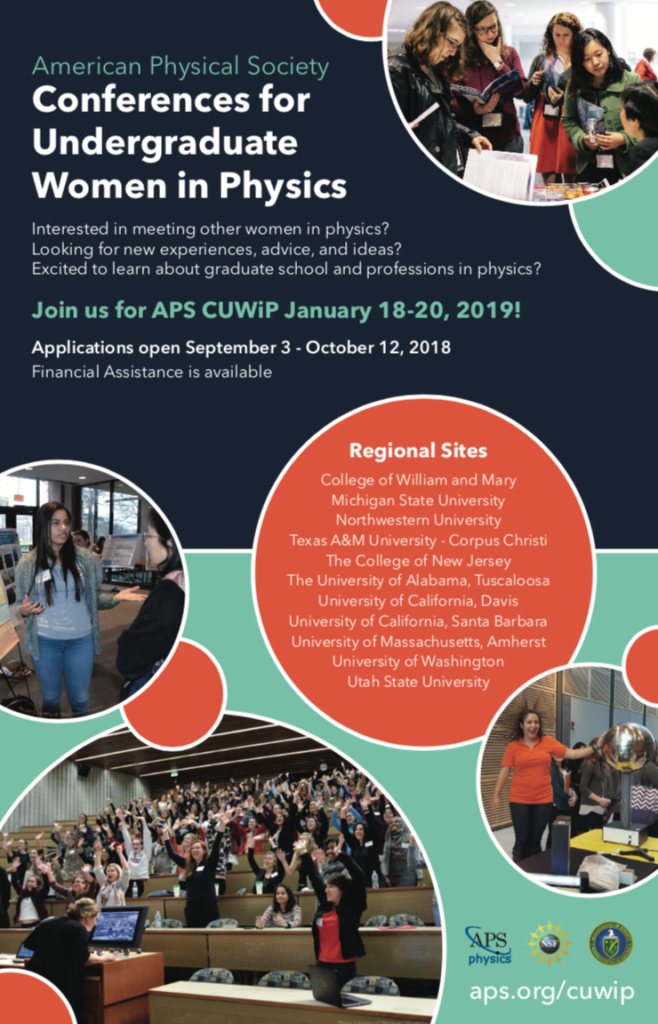 The poster for CUWiP tells the dates of the conference (January 18-20 2019) and includes pictures of women participating in poster sessions and other activities