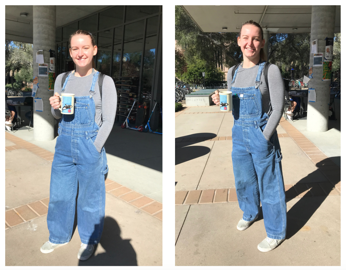 Katie is wearing jean overalls with a gray sweater underneath. She is also holding a whale mug