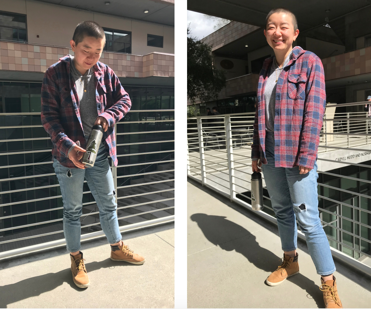 Lin is wearing a gray tshirt under a red and blue plaid flannel. She is also wearing ripped jeans and brown sneakers