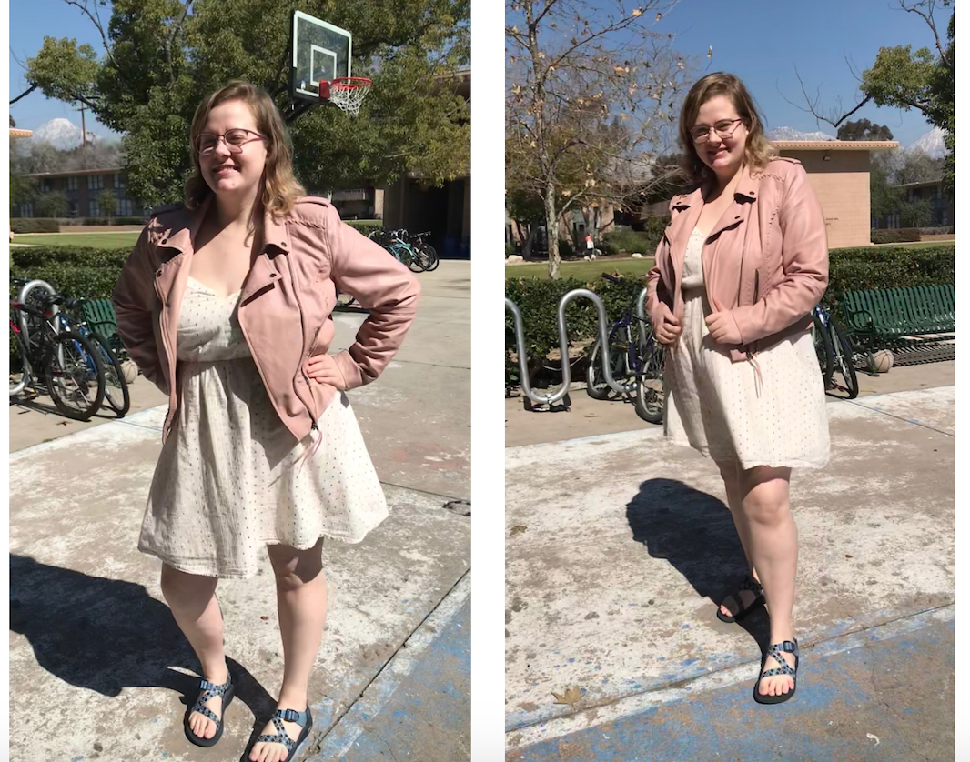 Holly is wearing a light cream colored dress, a pink leather jacket, and chacos