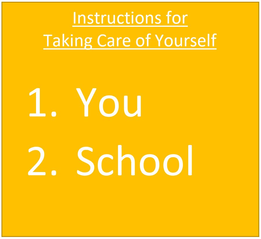 Text box that is yellow with white text that reads "Instructions for Taking Care of Yourself: 1. You 2. School"