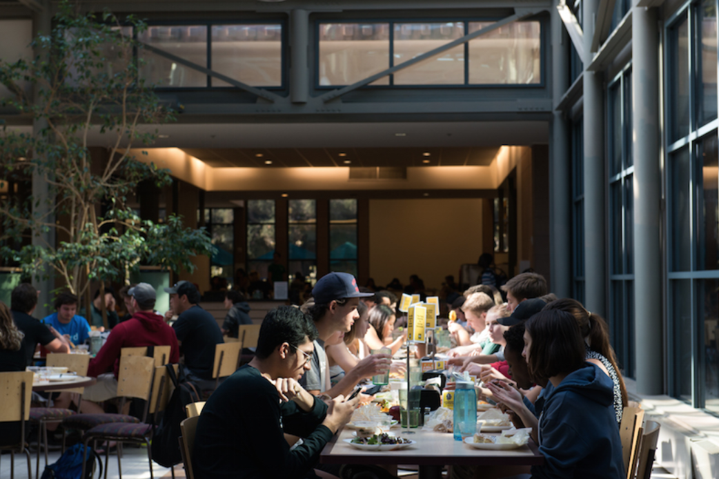 Students sit together at a long table next to a window inside of The Hoch