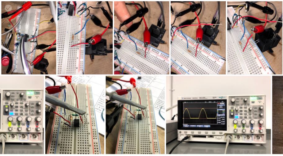 9 photos of breadboards and oscilloscopes