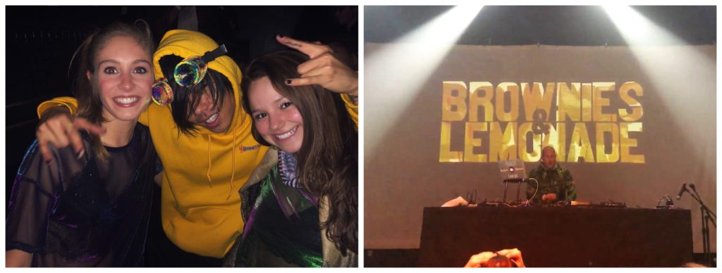 Left photo of two girls with a music artist and right photo is of a stage reading "brownies and lemonade".