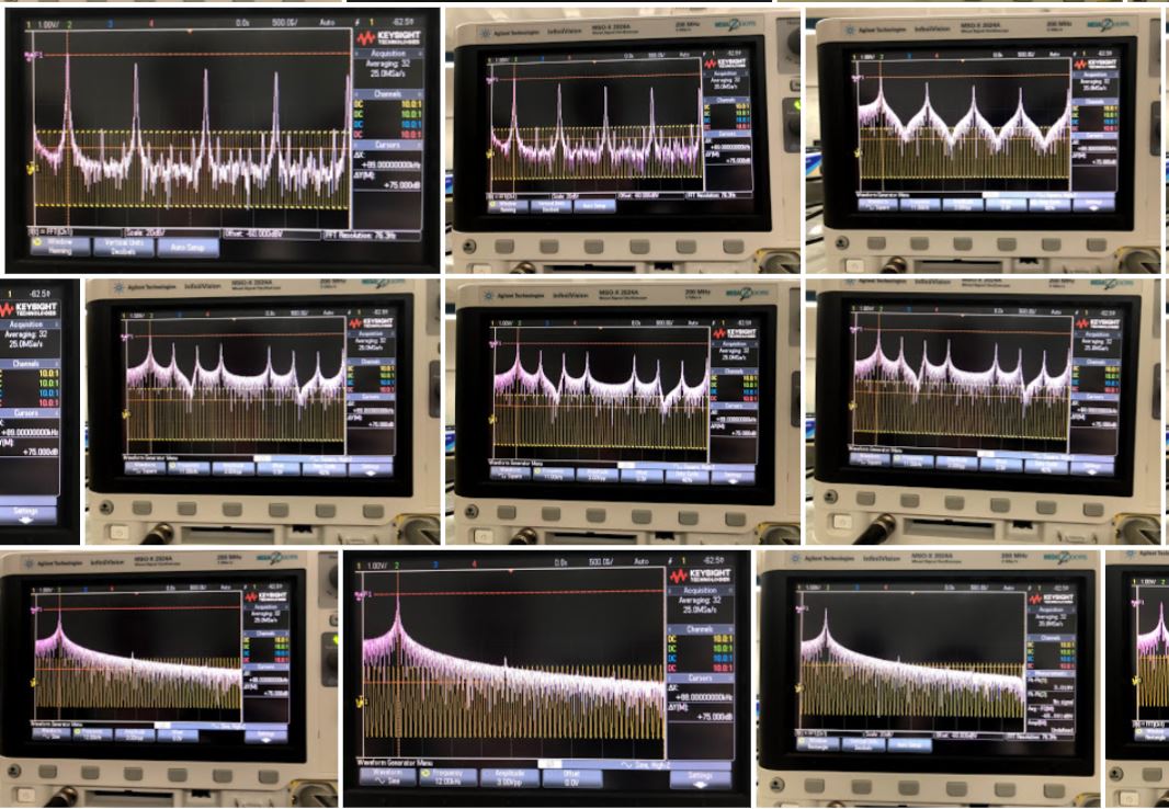 9 photos of FFT signals on an oscilloscope