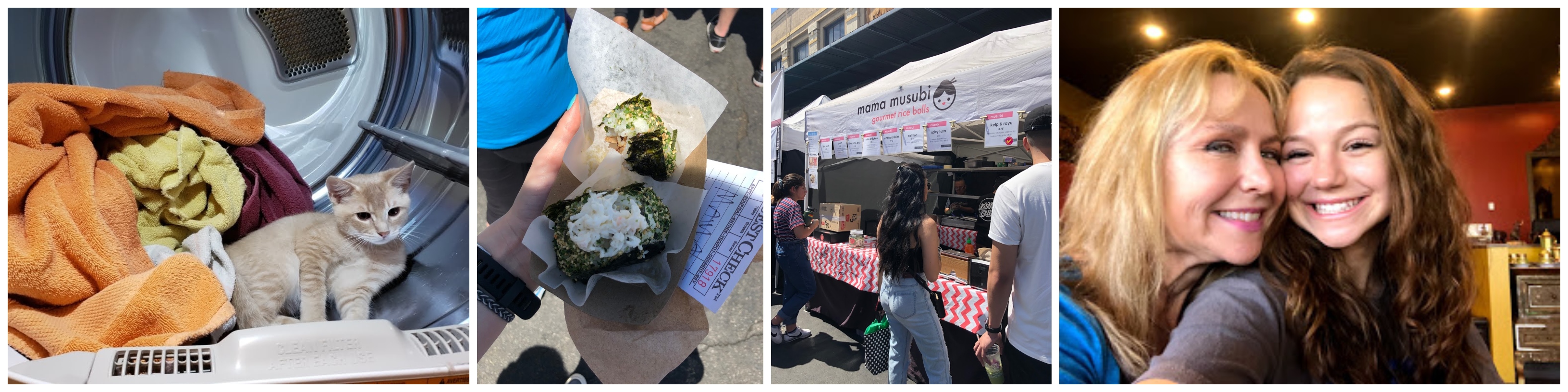 A photo of a kitten, of rice balls, of a food truck, and of two women smiling