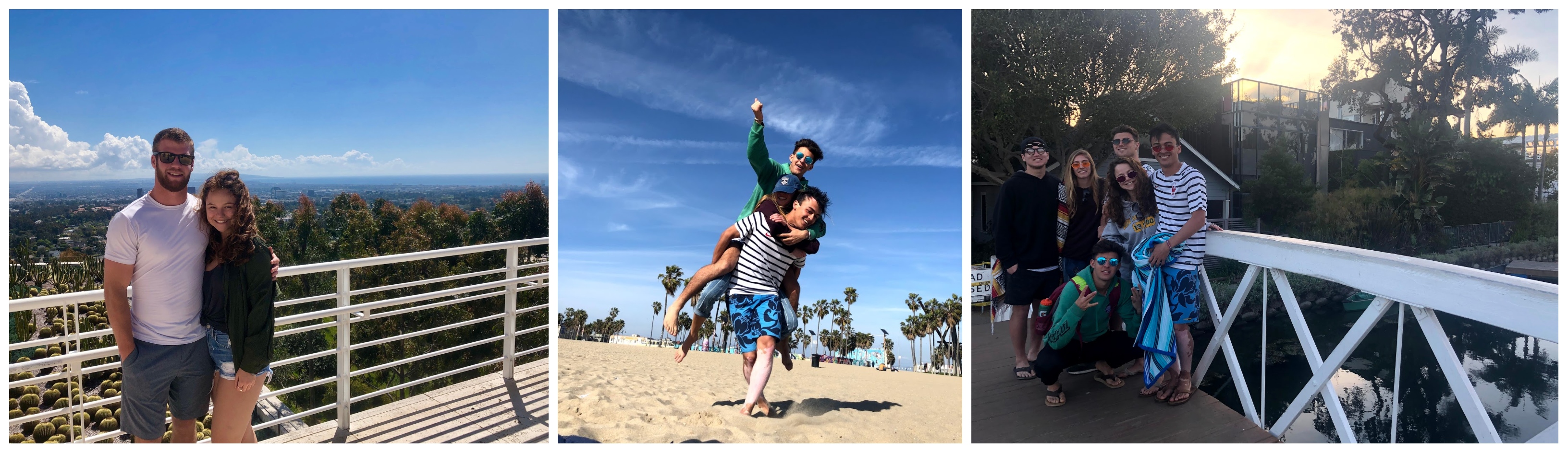 3 photos: two people at the getty center, one of three friends doing a piggy back ride, and a group of friends on a bridge.