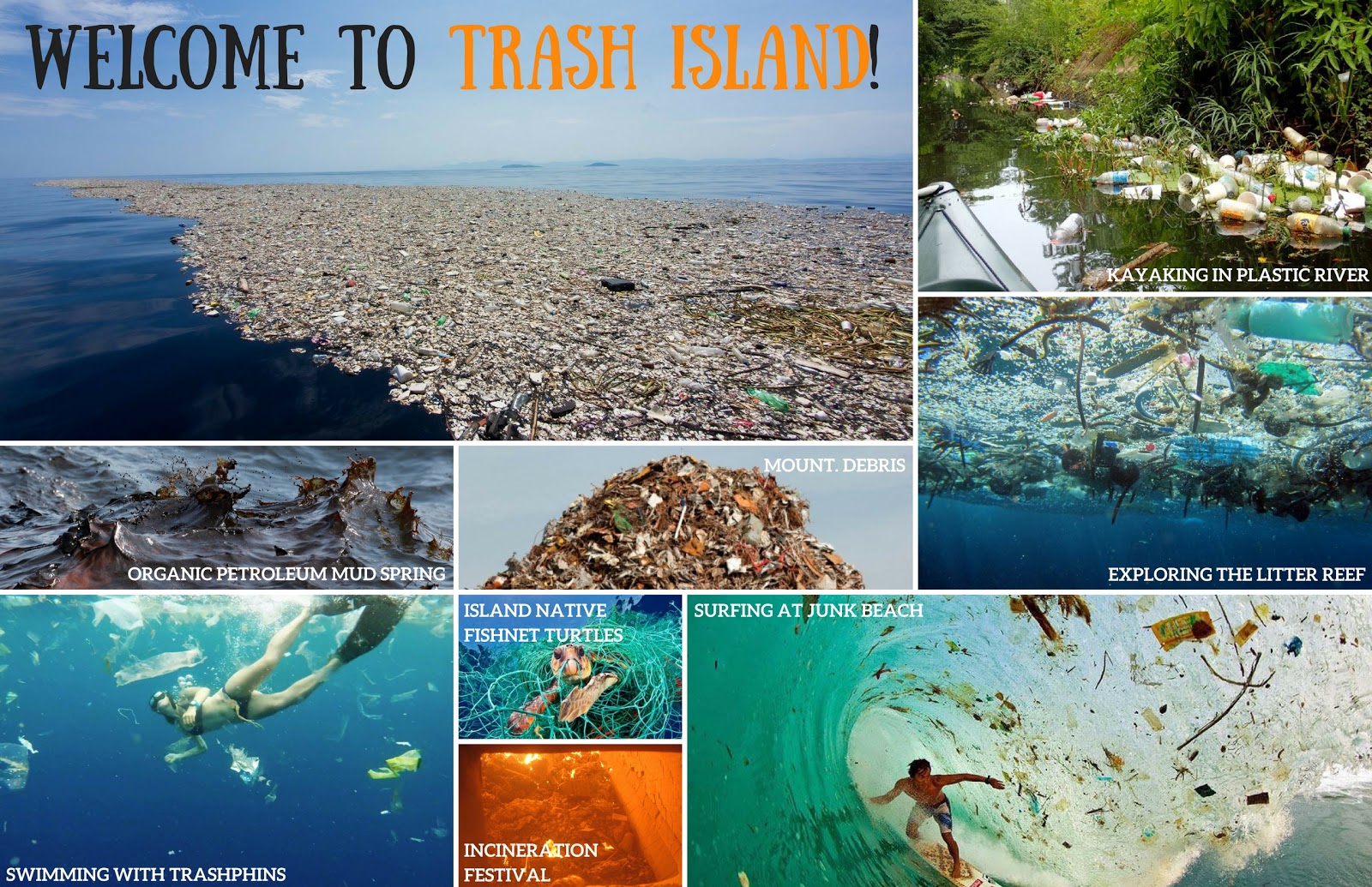 A postcard depicting various fictitious locations, including mount debris, trash island, litter reef, petroleum mud spring, and various events, like kayaking in the plastic river, swimming with trash, the incineration festival and surfing at junk beach. 