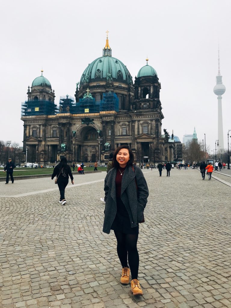 Jasmine in front of a cathedral