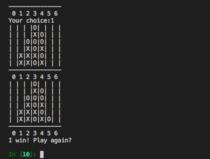 Two diagrams of a Connect Four board represented with X and O, where O has won with the text "I win! Play again?"