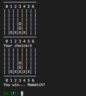 Two diagrams of a Connect Four board where X has won, with the text "You win...Rematch?"