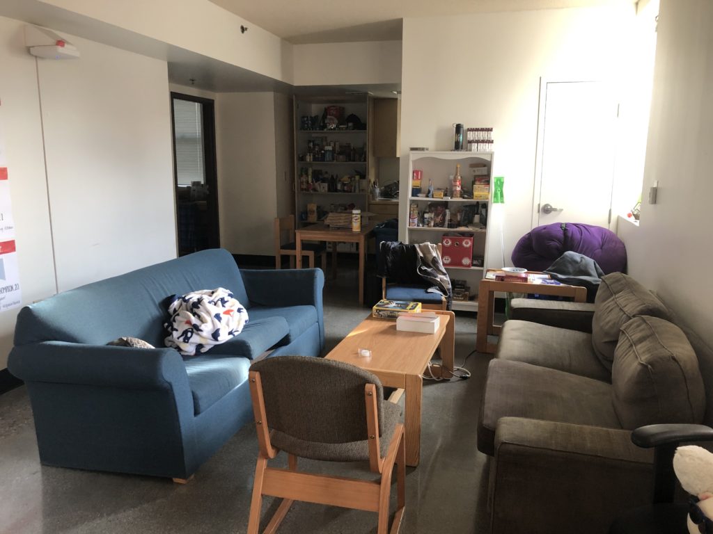 Room with couches and food cabinets.