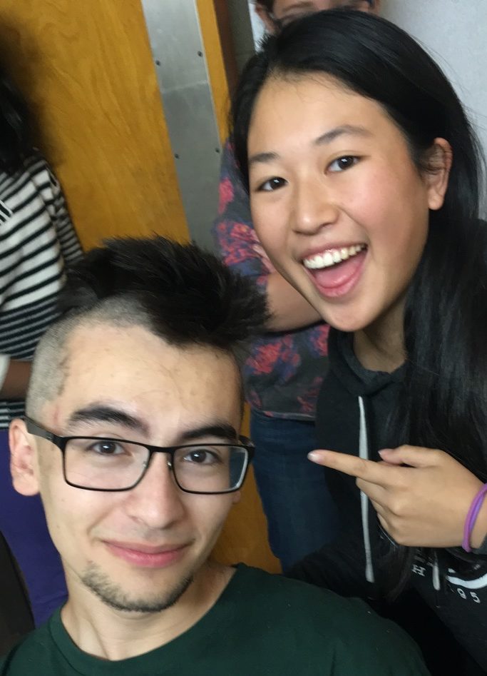 Kailee Lin, the person who cut my hair, and a mohawk on my head