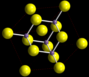 A lattice structure of 14 yellow atoms and 4 purple atoms on a black background