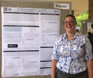 I am standing and smiling in front of my summer research poster.