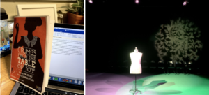 Left: A play program rests against a laptop open to a partially written essay. Right: A dress mannequin sits in an empty room. On the left side of the floor is pink lighting, the right side of the floor is green, and on the back wall is a circle with images of green leaves.