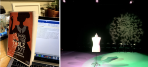 Left: A play program rests against a laptop open to a partially written essay. Right: A dress mannequin sits in an empty room. On the left side of the floor is pink lighting, the right side of the floor is green, and on the back wall is a circle with images of green leaves. 