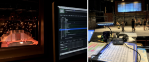 Left: The left side of the photo shows a few actors sitting in a pool of water on stage during rehearsal. The right side of the photo is a closeup of a computer showing a program for theater sound. Right: Actors rehearse on stage in the background of the photo. In the foreground is a desk with headphones and notes on the musical.