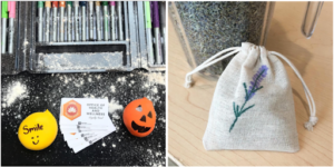 Left Image: An photo of a flour covered black table with permanent markers near the top, cards labeled "Office of Health and Wellness Loyalty Card", and a yellow stress ball on the left of those cards, and an orange stress ball on the right of the cards. Right: A photo of a small burlap sack with a little lavender flower drawn on it, sitting on a table in front of a large container of dried lavender.