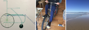 Left: A drawing on a whiteboard of a wheelchair with a pedal attachment Middle: The bottom half of a man is visible sitting in a wheelchair. In front of the wheelchair is a wheel with pedals attached on either side. The man is also holding on to handles attached to the front of the wheelchair. Right: An empty shore of the Pacific Ocean.