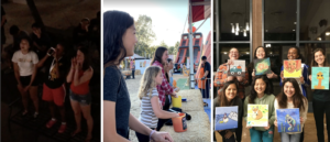 Left: Three frosh girls stand in a courtyard at night and yell, all facing upper parts of the dorm Middle: A line of people behind bales of hay, including many college aged students, face sideways as they participate in a ring toss Right: Hannah and six of her suitemates pose with canvases, each with a different figure painted on.