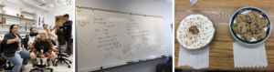 Left: Me, Prof. Ilton, and four other PoSM Lab students high fiving each other in our lab. Middle: A whiteboard with two columns: “Quasi-static” and “DMA” with equations under each column. Right: A white pie on the left, with a small possum decoration in the center, and a plate of chocolate chip cookies on the right.