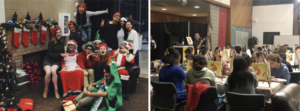 Left: Dean Chris, Dean Evetth, Prof. Yong, Kailee, and several other Muchachos dressed up in Christmas costumes in front of a fake fireplace with wacky poses. Right: Dean Chris speaks into a microphone while a room full of students at tables with easels paint orange and yellow fox pictures.