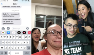 Left: A screenshot of a texts from Seth saying âDude Iâm v impressed with this haircutâ and âBetter than the last few Iâve gotten by âprofessionalsââ. Middle: AndrĂŠs has his hair tied up and looks scared, while I am behind him smiling and holding up open scissors. Right: JoaquĂn and I smile while I point at his mohawk. The photo says ââIâm kinda digging itâ - Joaquinâ.