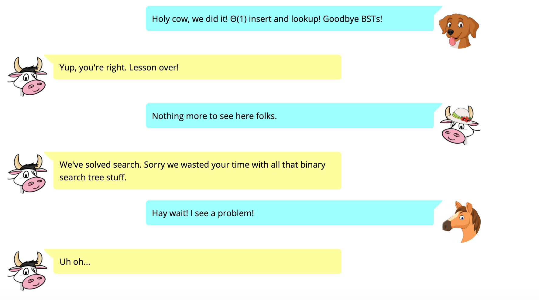 Word bubble exchanges between dog, cow, and horse avatars