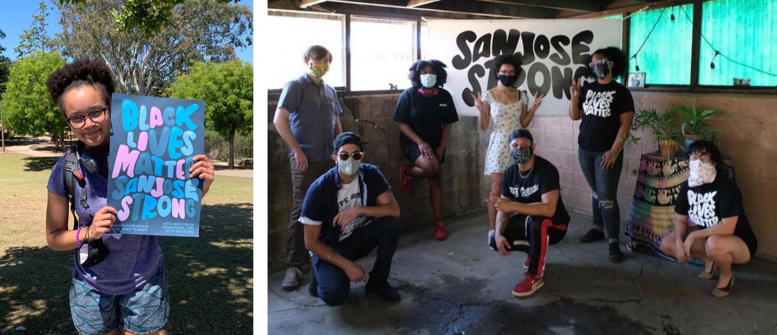 left is mary holding a sign that reads "Black Lives Matter San Jose Strong" and the right photo is of Mary and six others with masks