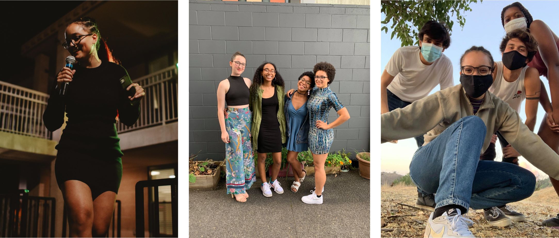 Left photo is Mary singing into a microphone, middle is her with three other women, and the right photo is her with three friends wearing masks