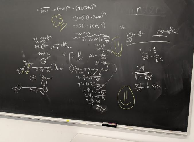 A chalkboard with diagrams and green smiley faces on it