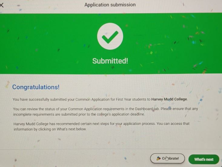 Screenshot of a Common App submission message, including confetti and a green banner that reads "Congratulations! You have successfully submitted your Common Application for First Year Students to Harvey Mudd College"
