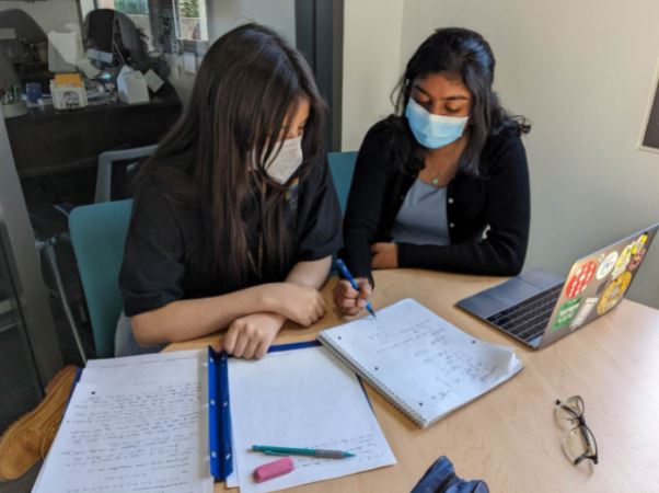 Two students sitting with several notebooks and computers, studying