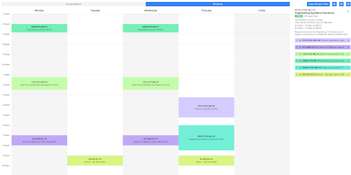 A weekly calendar view with colorful boxes