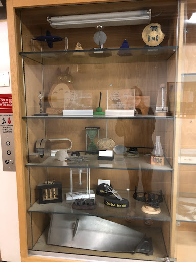 Trophy case with objects made at Mudd.