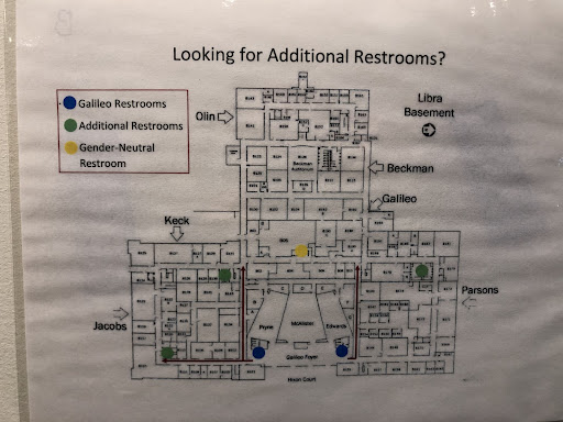 A black and white map labeled "Looking for additional restrooms?" with a legend indicating Galileo restrooms, Additional restrooms, and Gender-neutral restrooms