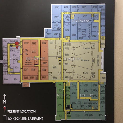 Color coded map with a red dot indicating current location