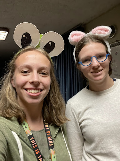 Two students dressed up as a frog and a sheep