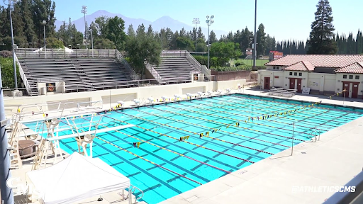 A large swimming pool with diving boards and bleachers to one side