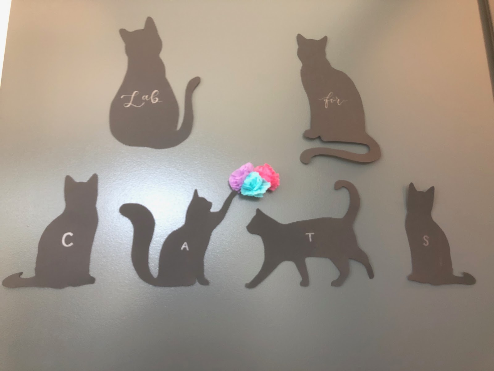 Paper cutouts of cats spell "Lab for CATS" on a door.