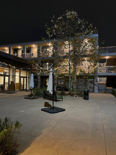 A courtyard with lights strung across a large tree and the railings of a dorm in the background